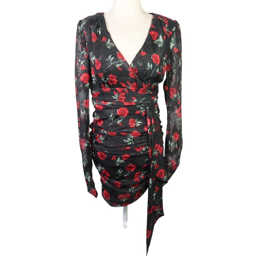 VICI Sante Fe Floral Chiffon Black and Red Rose Floral Mini Dress XS